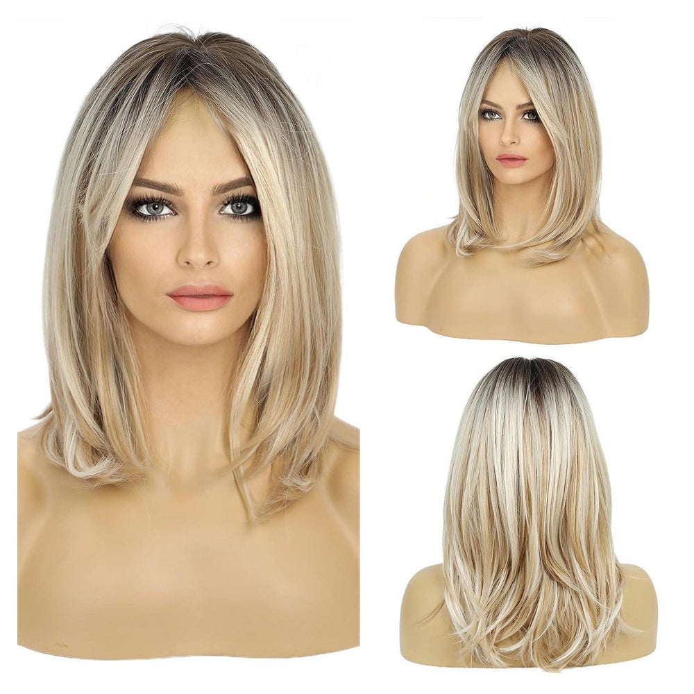Perücke lang blond Ombre mit dunklen Wurzeln Fransen Kunstha 1 St