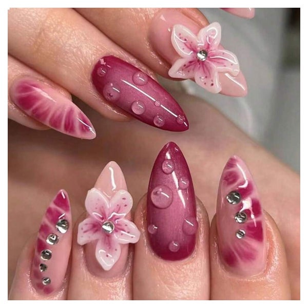 24x GlamRays Mandel Press on Nägel Mittel Rosa Rot 3D Blume 1 St