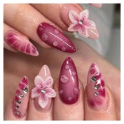 24x GlamRays Mandel Press on Nägel Mittel Rosa Rot 3D Blume 1 St