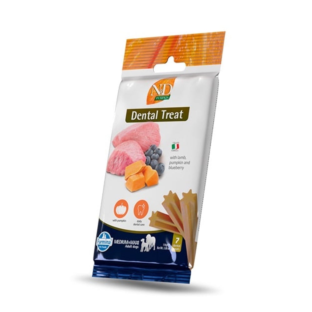 FARMINA N&D Pumpkin Dental Treat Lamb Blueberry Medium/Maxi (7 szt) dentale Leckerei für mittelgroße und große Hunde 0,1 kg