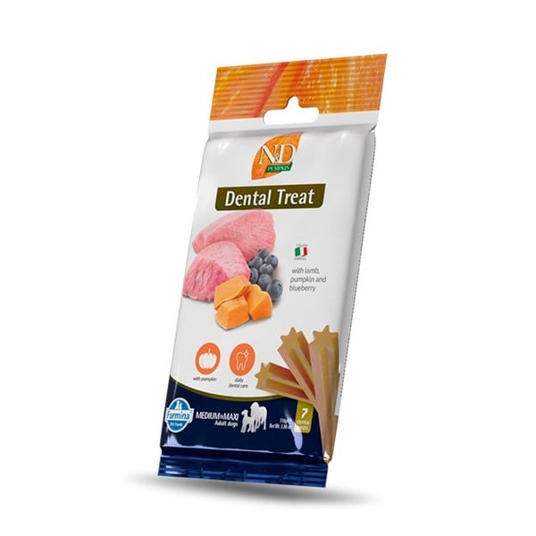 FARMINA N&D Pumpkin Dental Treat Lamb Blueberry Medium/Maxi (7 szt) dentale Leckerei für mittelgroße und große Hunde 0,1 kg