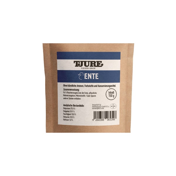 Tjure Hund - Snack Ente 150 g | Ideale Größe | proteinreiche Belohnung | 150,00 g