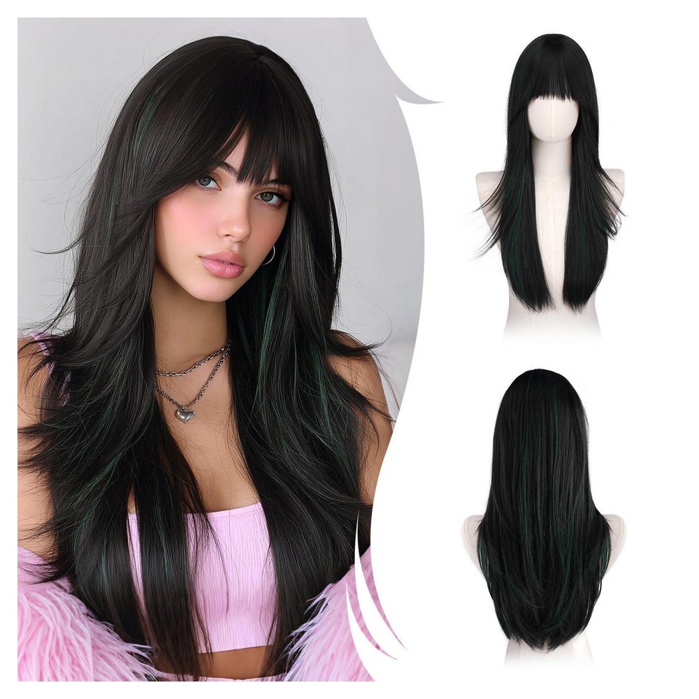 Perücken Damen Lange Gerade Pony 65 cm Schwarz gemischt Grün 1 St