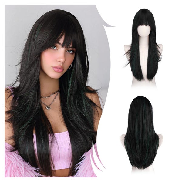 Perücken Damen Lange Gerade Pony 65 cm Schwarz gemischt Grün 1 St