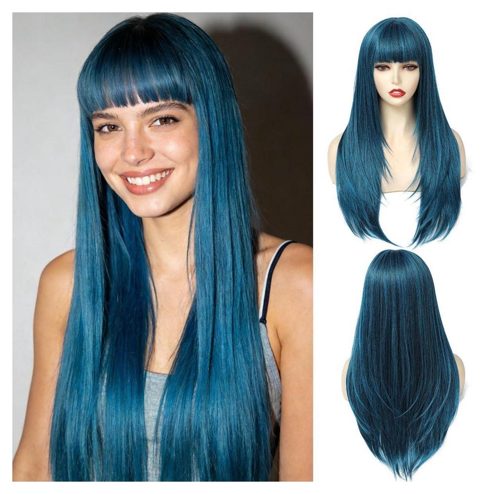 Perücken Damen dunkelblau 60cm Pony 4# Dunkelblau Glatt-Mit 1 St