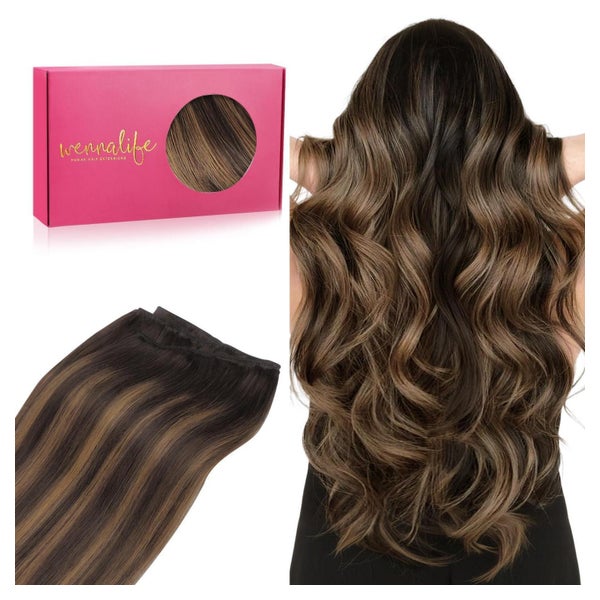 WENNALIFE Tressen Extensions Echthaar 40cm 80g Balayage Dunkel Braun to