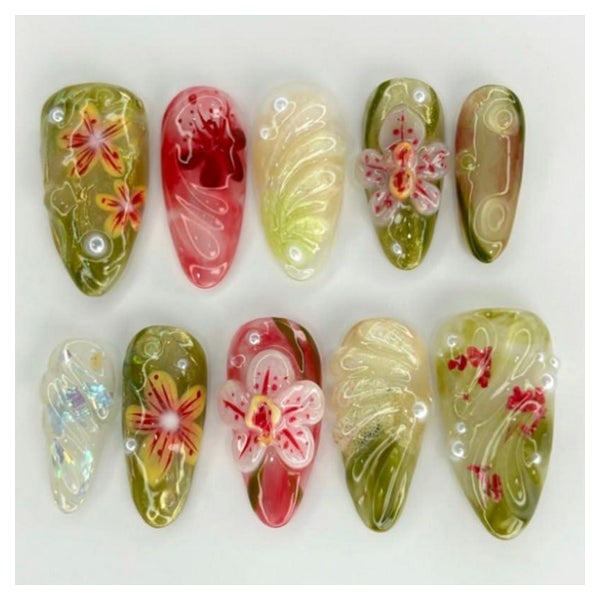 Künstliche Fingernägel Kurz Mandel Grün 3D Blumen Pearl Y2K 1 St