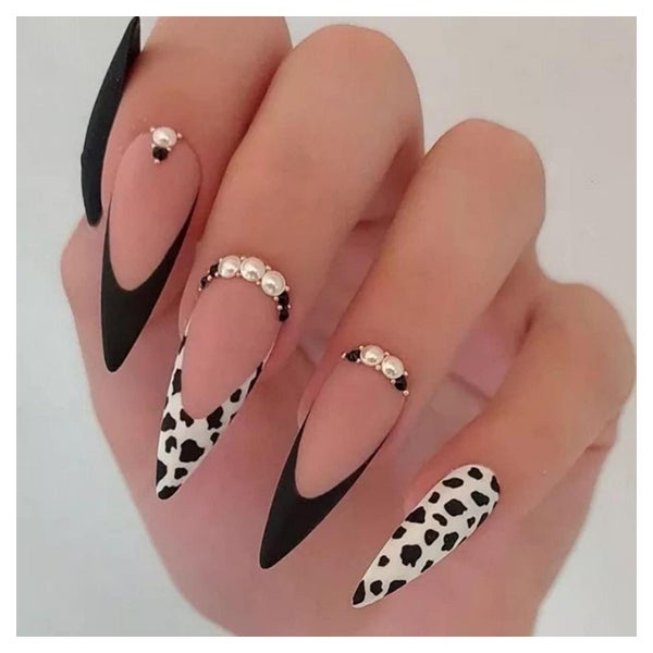 Künstliche Nägel 24 Stiletto Cow Print Lang white&amp; Stile 1 St