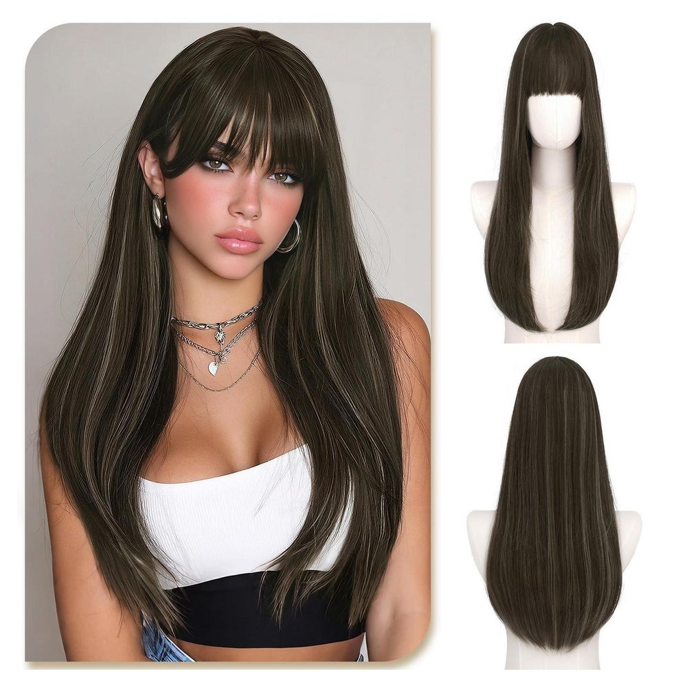 Perücke Damen lang 60 cm glatt Pony Dunkelbraun mit Weißen S 1 St
