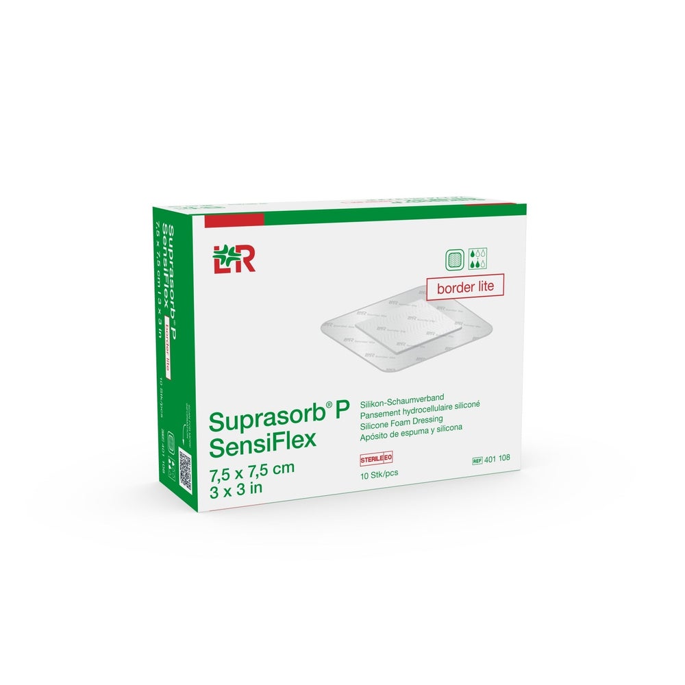 Lohmann & Rauscher Suprasorb P SensiFlex Silikon-Schaumverband, steril, border lite – flexibel, atraumatisch - 1 Packung = 10 Stück, Maße: 7,5 x 7,5 cm 10 St