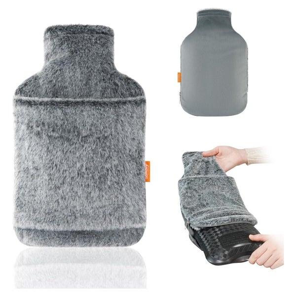 Samply Wärmflasche 2L mit kuscheligem Kunstfellbezug und Handtasche