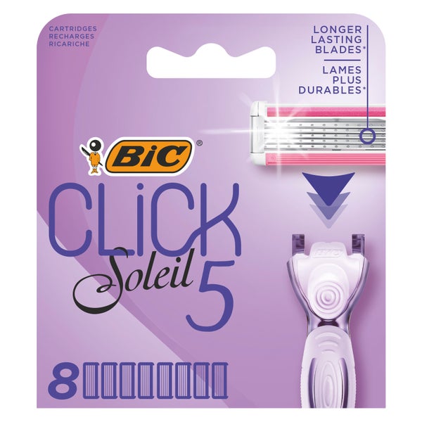 BIC Click 5 Soleil Damenrasierer Klingen-Nachfüllpackungen, 5 Klingen, Aloe Vera-Feuchtigkeits-Gleitstreifen – Box à 8 Klingen 8 St
