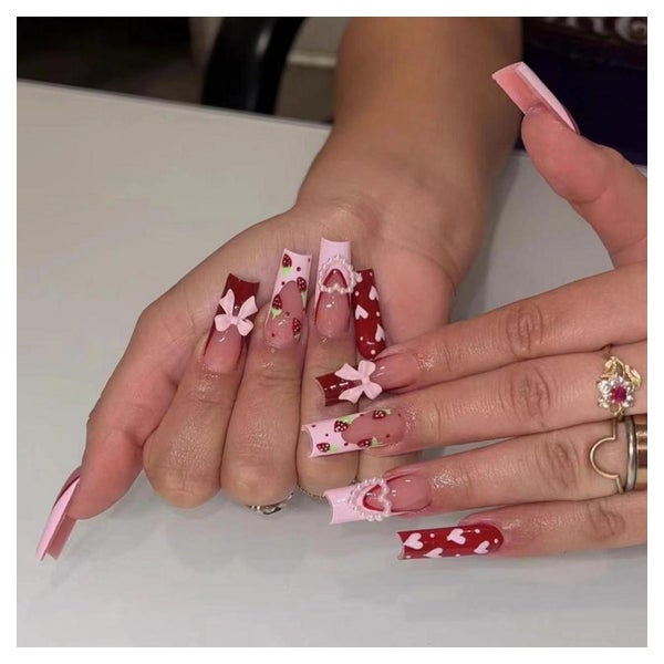 Kunstnägel Lang Square Rosa 3D Schleife Herz Valentine LO-A3 1 St