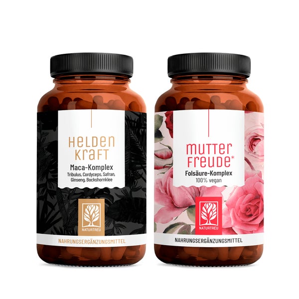 Familienwunsch-Paket: Maca für den Mann & Mönchspfeffer + Folsäure für die Frau in einem veganen Bundle - MUTTERFREUDE & HELDENKRAFT - NATURTREU® 93.2 g