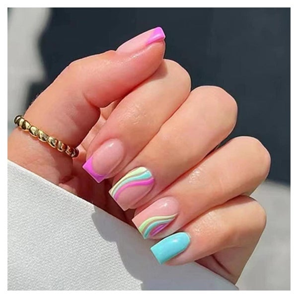 Falsche Nägel Kurz Squoval Swirl Acryl 24St Frauen Mehrfarbi 1 St