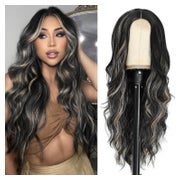 PORSMEER Lange Schwarz mit blond Highlights Wellige Perücke, 66cm