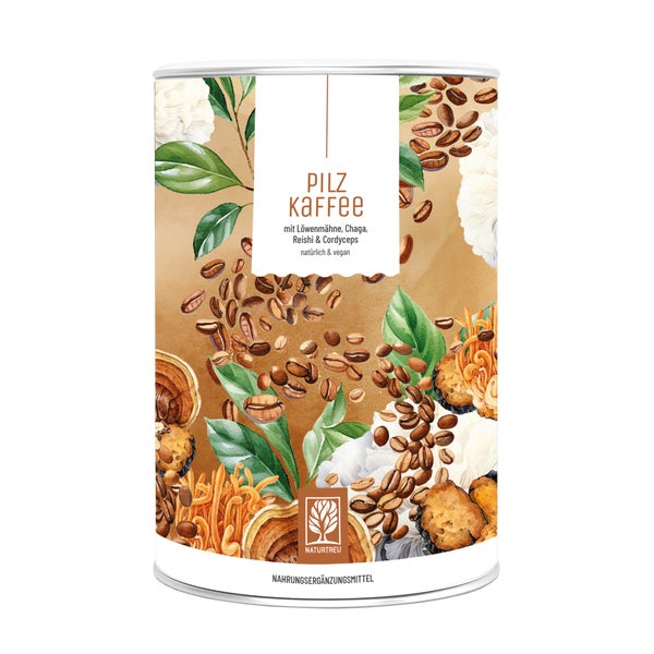 Pilzkaffee mit Löwenmähne, Chaga, Reishi & Cordyceps - koffeinhaltiges Kaffeepulver - 30 Portionen aus 150 g veganem Getränkepulver - NATURTREU® 150 g