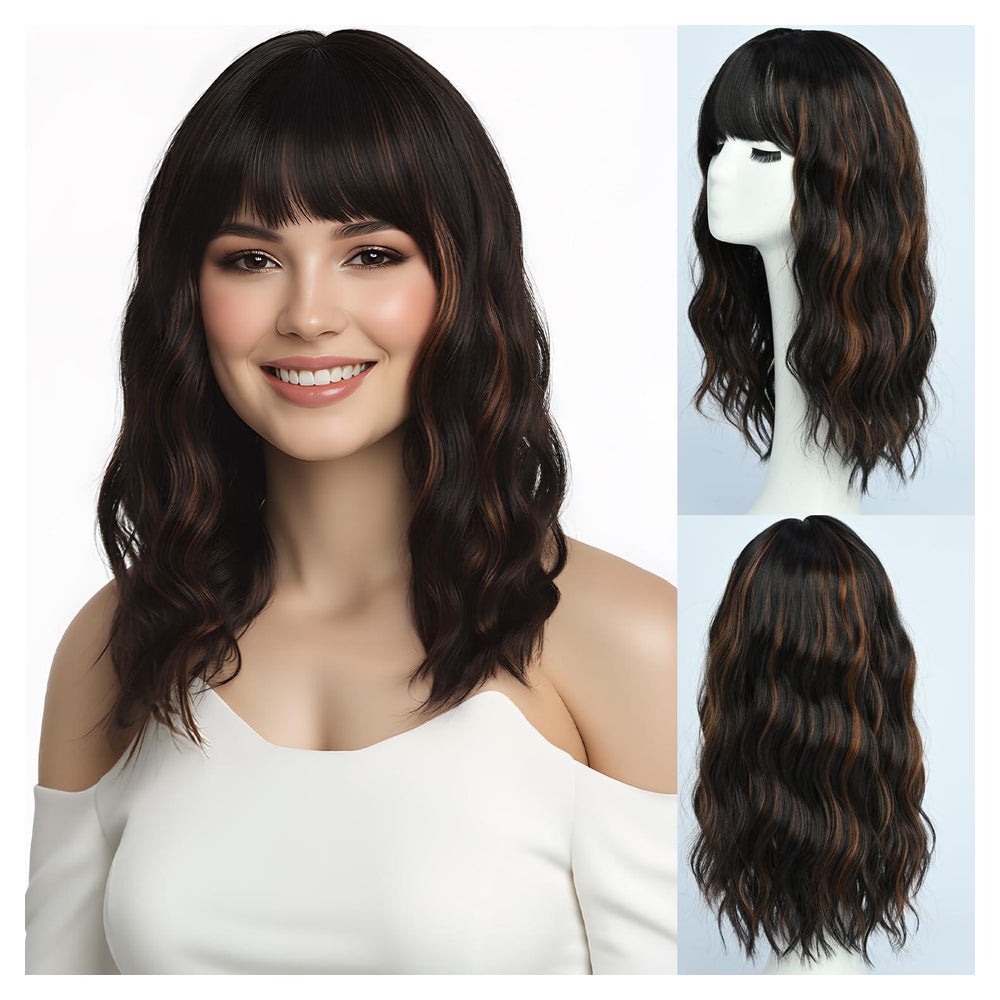 Perücke Lockig Braun Pony Mittellang Damen 40cm Dunkelbraun 1 St