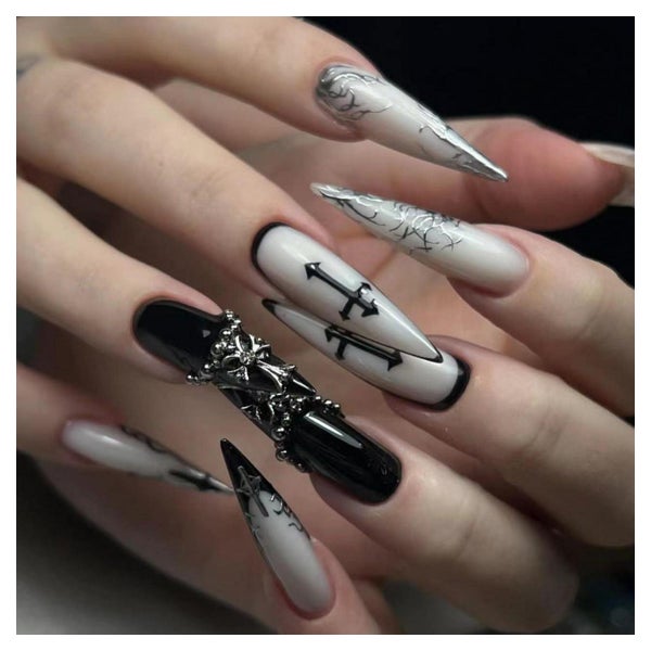 Künstliche Fingernägel Stiletto Schwarz Silber 3D Crystal AG 1 St