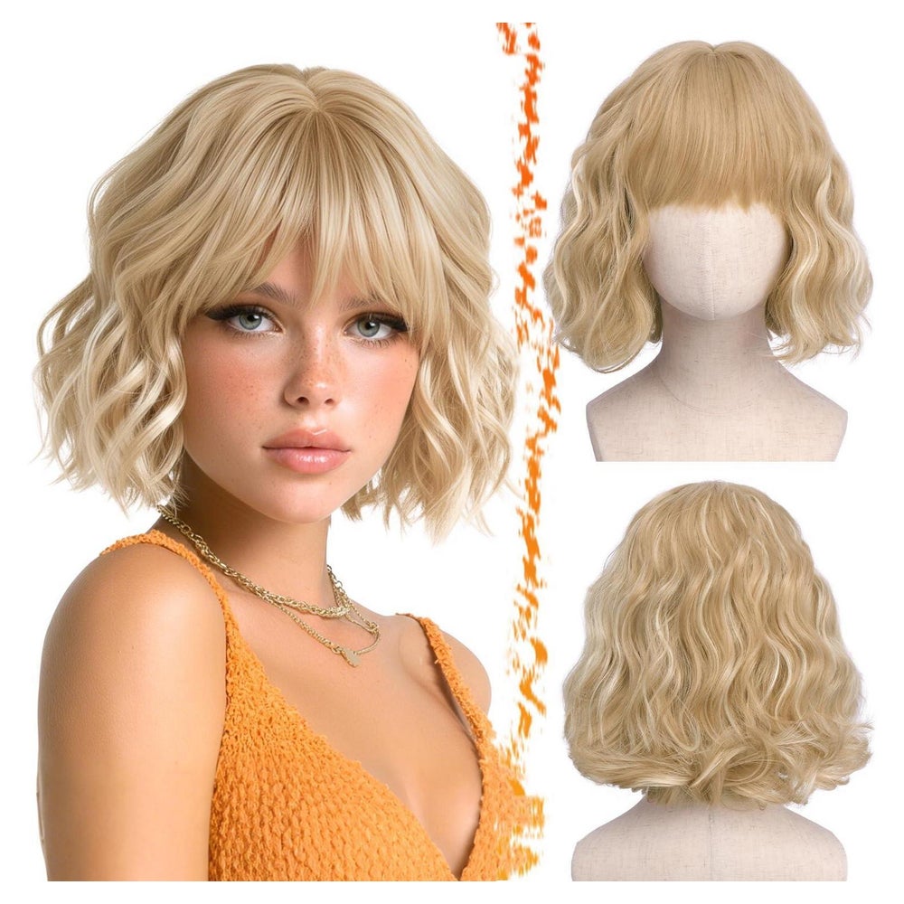 Perücke kurz gewellt blond Pony synthetisch Blond Highlight 1 St