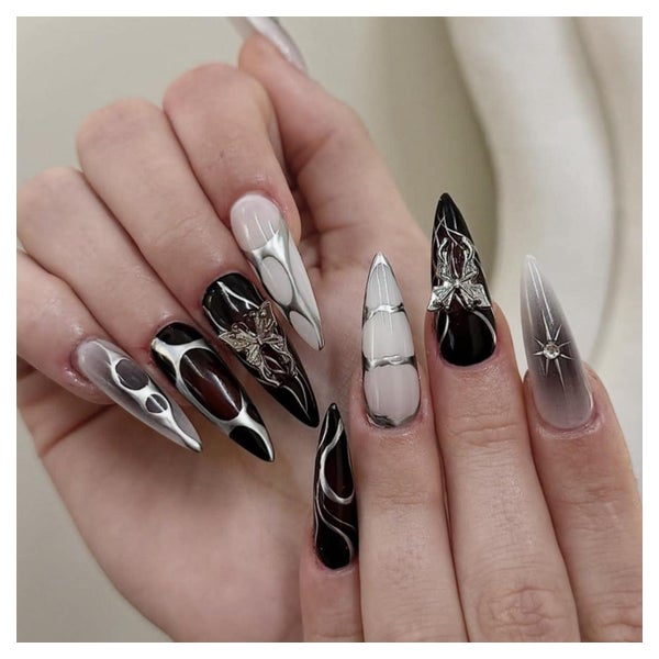 Künstliche Nägel Stiletto schwarz 3D Chrome Nagelkleber AKH1 1 St