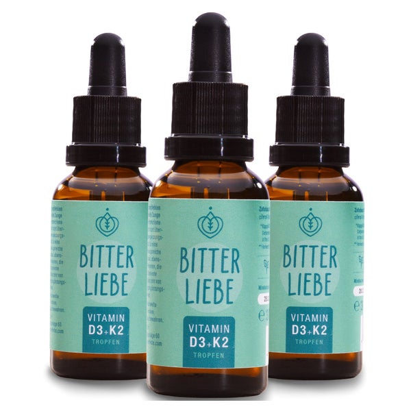 BitterLiebe Vitamin D3 K2 Tropfen hochdosiert und vegan - K2 Vitamin und hoch bioverfügbare Vitamin D3 - für starke Knoche und Immunsystem, fördert Herz-Kreislauf-System und Muskelgesundheit 3x 30 ml