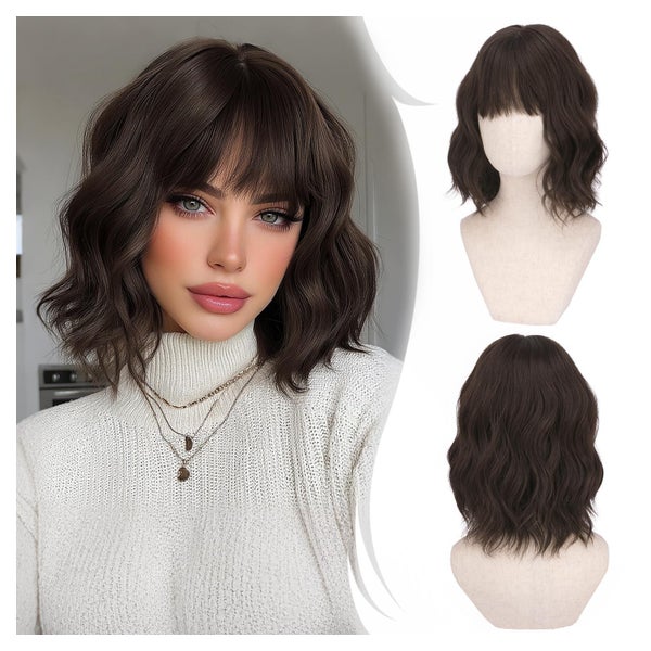 Perücke Bob kurz Pony Damen synthetisch lockig 35 cm Dunkelb 1 St