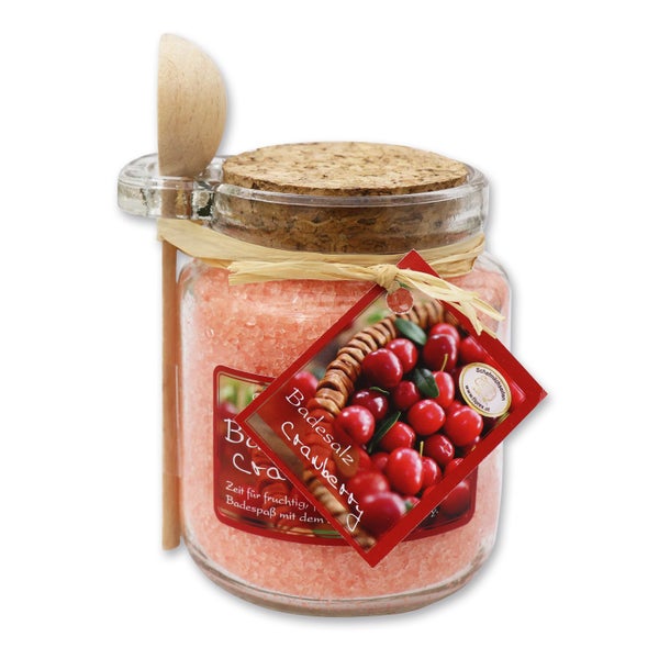 Badesalz Cranberry im dekorativen Glas mit Holzlöffel 300 g
