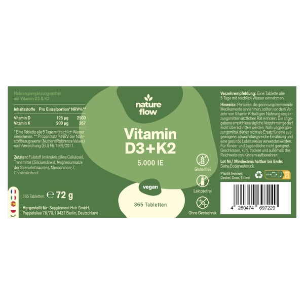 Vitamin D3 K2 5000 IE - 365 Tabletten - Nature Flow 365 St
