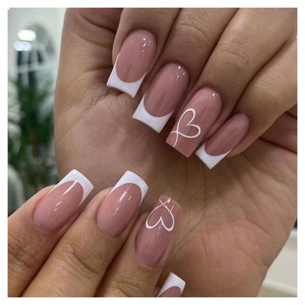 24 Stück French Tip Press-On Nägel - Mittel, Herz Weiß, Acry 1 St