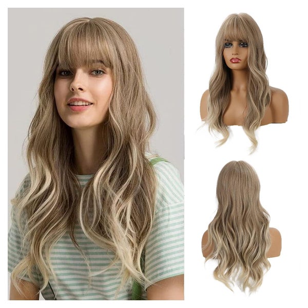 24 Zoll Aschblonde Synthetische Perücke mit Pony für Damen - 1 St