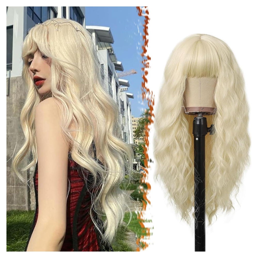 BARSDAR Lange Platinblond Wellenperücke mit Pony 66cm für Fr 1 St