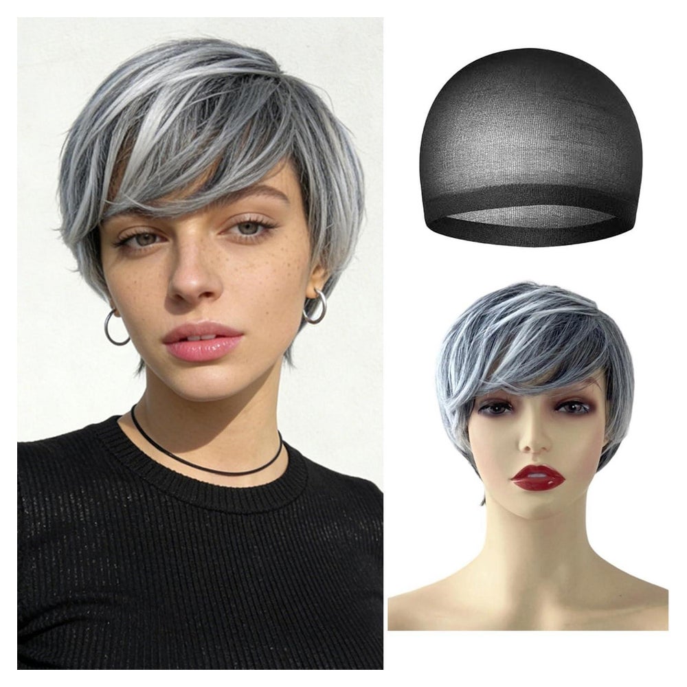 Kurzhaarperücke Pixie Cut Menschenhaar silbergrau mit Pony 1 St