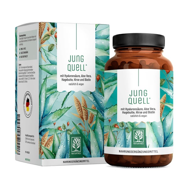 Hyaluronsäure Komplex mit Aloe Vera, Hirse Hagebutte & Biotin - JUNGQUELL - 90 vegane Kapseln - NATURTREU® 90 St