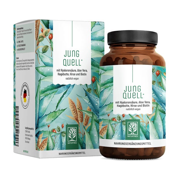 Hyaluronsäure Komplex mit Aloe Vera, Hirse Hagebutte & Biotin - JUNGQUELL - 90 vegane Kapseln - NATURTREU® 90 St