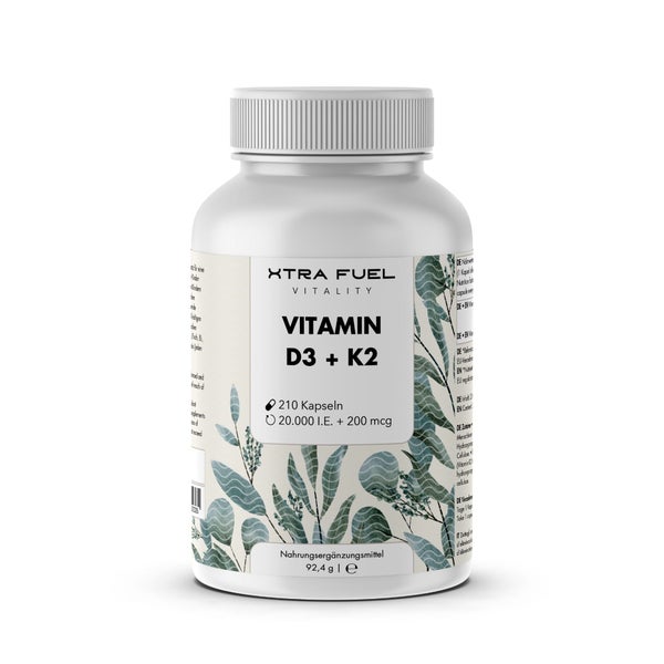 Vitamin D3 + K2 20.000 I.E. Kapseln von XTRA FUEL | 210 vegane Kapseln mit 20.000 I.E. D3 und 200 mcg K2 MK7 all-trans – Optimale Unterstützung von Knochen & Immunsystem - 210 Stk 210 St