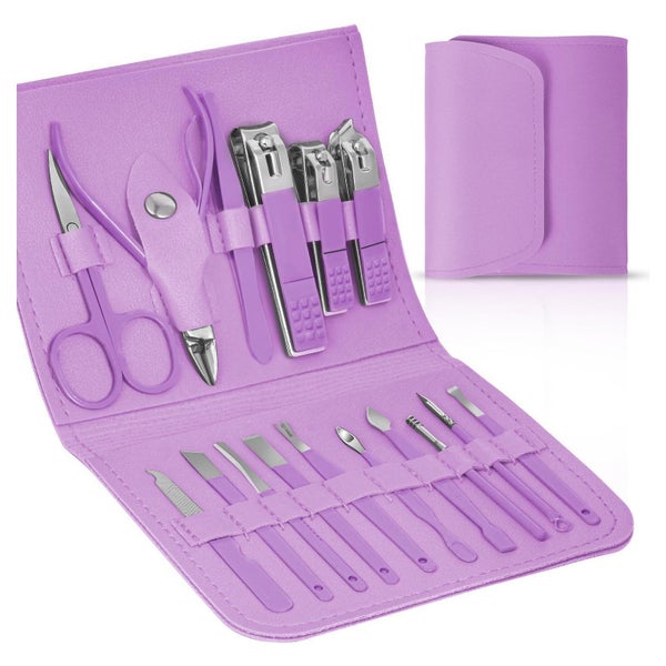 LOPHE 16-teiliges Maniküre & Pediküre Set mit Ledertasche, Lila