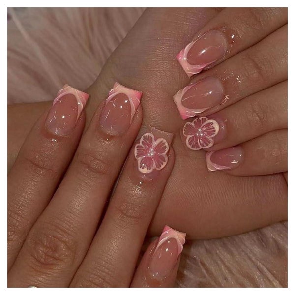 Press On Nails Kurz Square Nude Rosa French 3D Blumen Pearl 1 St