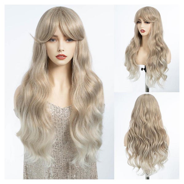 Perücke Gewellt Pony Synthetisch Ombre Braun Blond 66 cm T14 1 St