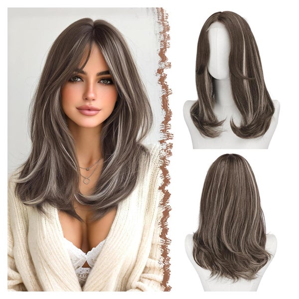 Perücke Damen Pony 45cm Lace Front Braun Mix Grau Highlight 1 St