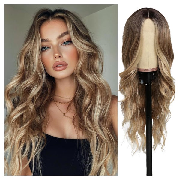 SeclitWu Ombre Blonde Lockige Perücke, 66 cm, Synthetik, Hitzebeständig, für