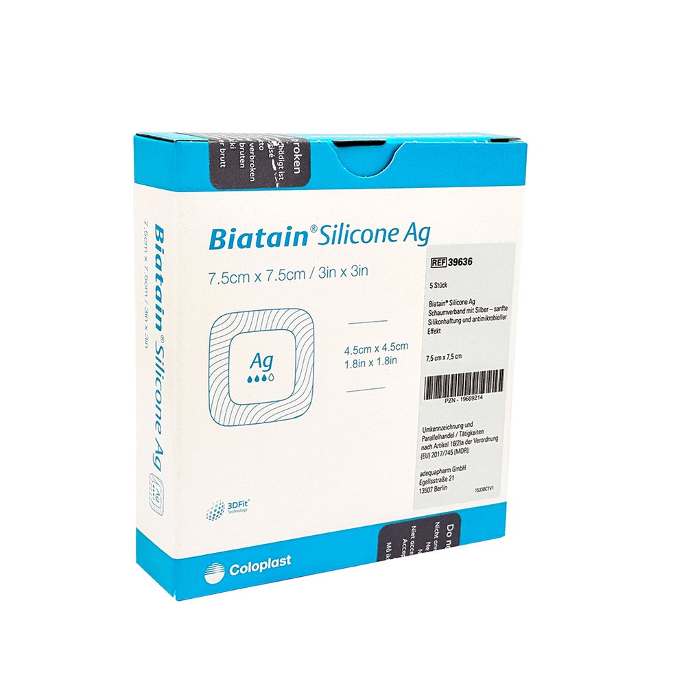 Biatain Silicone Ag Schaumverband 7,5x7,5 Cm 5 St