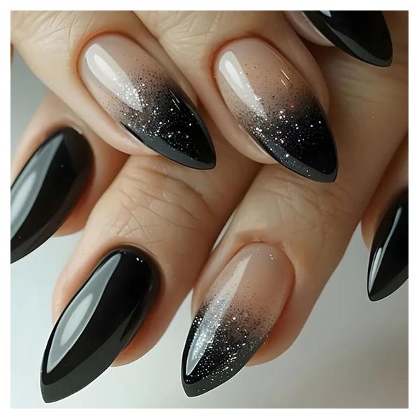 Kunstnägel PressOn Schwarz Stiletto Mandel Glitzer 24 design 1 St