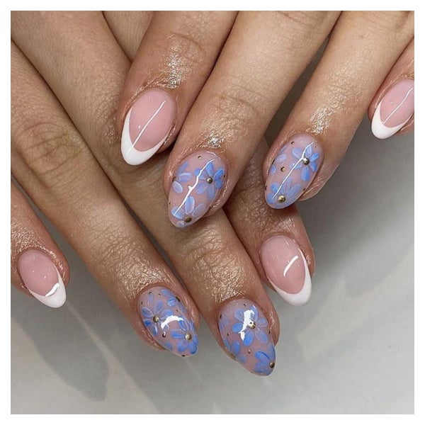 24 Stück Kurz Oval Babyblau Blumen Glitzer Spitze False Nail 1 St