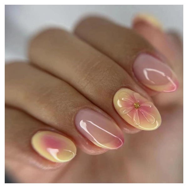 Künstliche Fingernägel Presson Kurz Gelb Rosa 3D Blumen FC-B 1 St