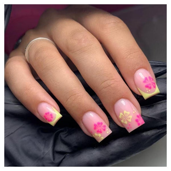 Press On Nails Kurz Square Rosa Gelb French Blumen FC25 1 St