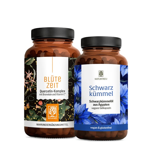 Frühlingsbegleiter Paket Schwarzkümmelöl Quercetin Bromelain - SCHWARZKÜMMEL & BLÜTEZEIT vegan made in Germany - NATURTREU®  g