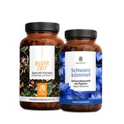 Produktabbildung: Frühlingsbegleiter Paket Schwarzkümmelöl Quercetin Bromelain - SCHWARZKÜMMEL & BLÜTEZEIT vegan natürlich made in Germany - NATURTREU® 148.4 g