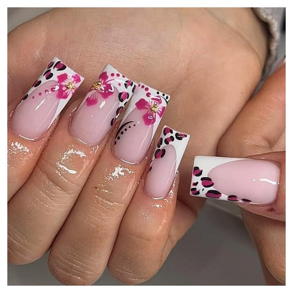 Kunstnägel Lang Square Rosa Leopard Blumen Nagelkleber AKB32 1 St