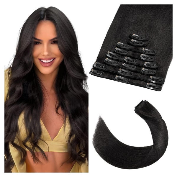 Clip in Extensions Echthaar 8teilig Pechschwarz 40cm #1 Lack 1 St